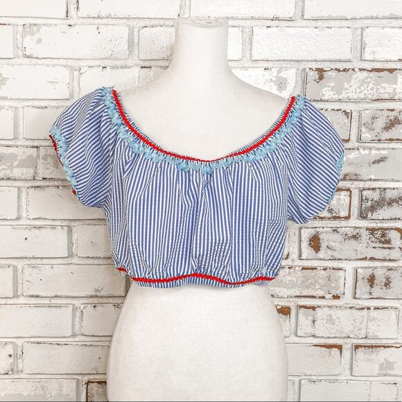 J. Crew Womens Blue and Red Seersucker Rickrack Off Shoulder Bikini Top L - Picture 2 of 9